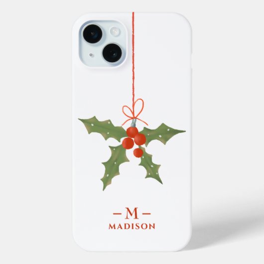Monogram Naam Kerstmis Holly Winter Floral Case-Mate iPhone Case (Achterkant)