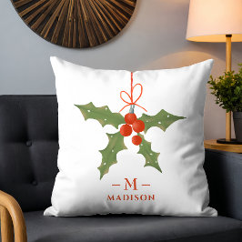 Monogram Naam Kerstmis Holly Winter Floral Kussen