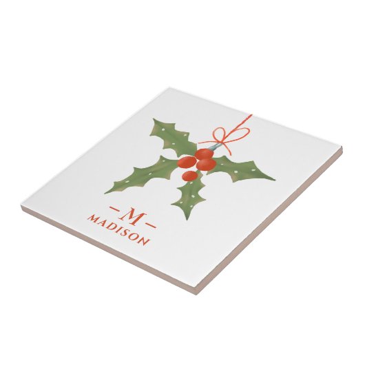 Monogram Naam Kerstmis Holly Winter Floral Tegeltje (Zijkant)
