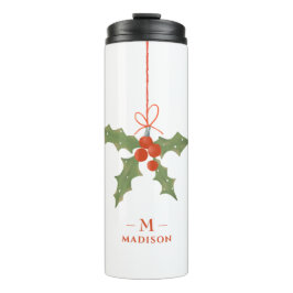 Monogram Naam Kerstmis Holly Winter Floral Thermosbeker