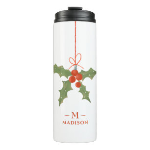 Monogram Naam Kerstmis Holly Winter Floral Thermosbeker