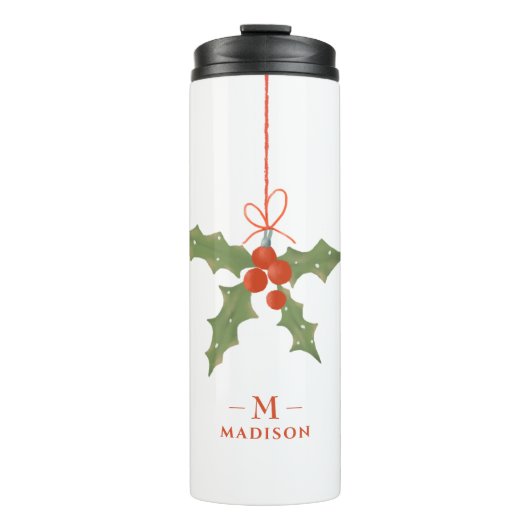 Monogram Naam Kerstmis Holly Winter Floral Thermosbeker (Voorkant)