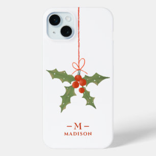 Monogram naam Kerstmis Hulst Winter Bloemen iPhone 15 Mini Hoesje