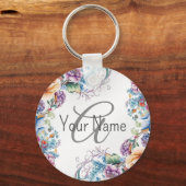 Monogram Naam Kleurrijk Bloemend Kader Elegant Mod Sleutelhanger (Achterkant)