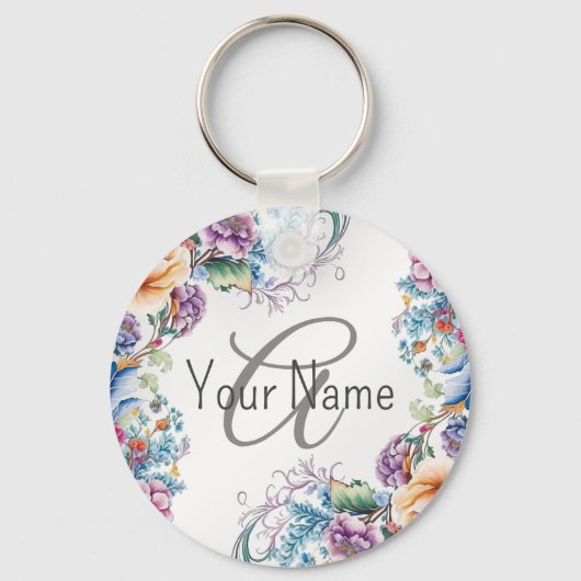 Monogram naam Kleurrijk bloemmotief frame elegant Sleutelhanger (Voorkant)