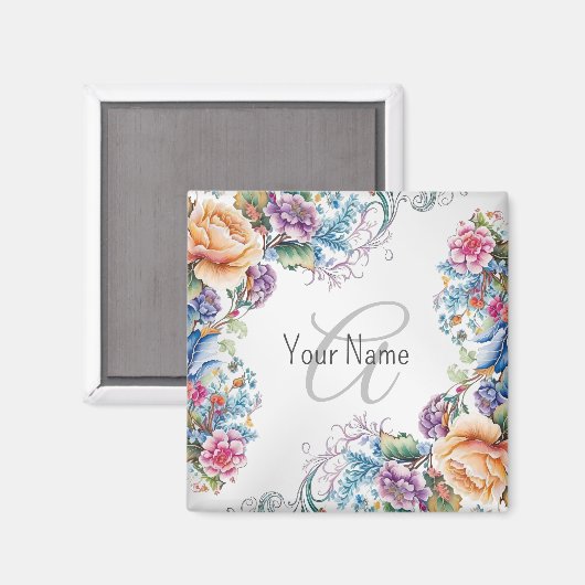 Monogram Naam Kleurrijk Floral Lijst Elegant Moder Magneet (Voorkant / Achterkant)