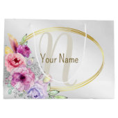 Monogram Naam Kleurrijk Roze Bloem Gouden Frame Groot Cadeauzakje (Achterkant)