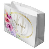 Monogram Naam Kleurrijk Roze Bloem Gouden Frame Groot Cadeauzakje (Achterkant Gekanteld)