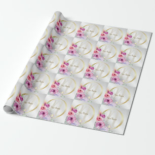 Monogram Naam Kleurrijk Roze Bloem Motief Gouden F Cadeaupapier