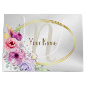 Monogram Naam Kleurrijk Roze Bloemen Gouden Lijst Groot Cadeauzakje (Voorkant)