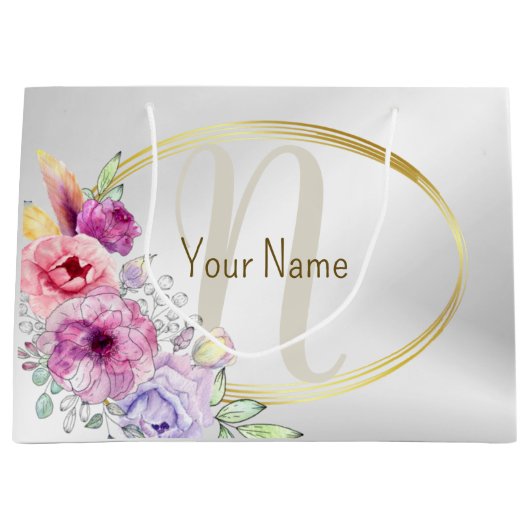 Monogram Naam Kleurrijk Roze Bloemen Gouden Lijst Groot Cadeauzakje (Voorkant)