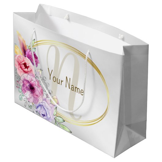 Monogram Naam Kleurrijk Roze Bloemen Gouden Lijst Groot Cadeauzakje (Achterkant Gekanteld)