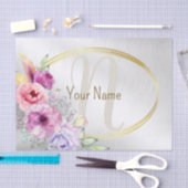 Monogram Naam Kleurrijk Roze Bloemen Gouden Lijst Tissuepapier (Craft)