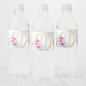 Monogram Naam Kleurrijk Roze Bloemen Gouden Lijst Waterfles Etiket (Flessen)