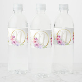 Monogram Naam Kleurrijk Roze Bloemen Gouden Lijst Waterfles Etiket