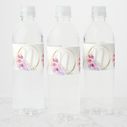 Monogram Naam Kleurrijk Roze Bloemen Gouden Lijst Waterfles Etiket (Flessen)