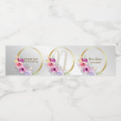 Monogram Naam Kleurrijk Roze Bloemen Gouden Lijst Waterfles Etiket (Enkel label)