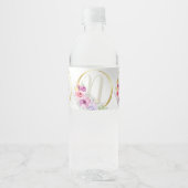 Monogram Naam Kleurrijk Roze Bloemen Gouden Lijst Waterfles Etiket (Voorkant)