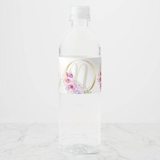 Monogram Naam Kleurrijk Roze Bloemen Gouden Lijst Waterfles Etiket (Voorkant)