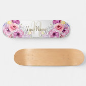 Monogram Naam Kleurrijke Roze Bloemen Zilver Elega Persoonlijk Skateboard (Horizontaal)