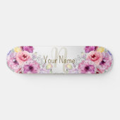 Monogram Naam Kleurrijke Roze Bloemen Zilver Elega Persoonlijk Skateboard (Horizontaal)