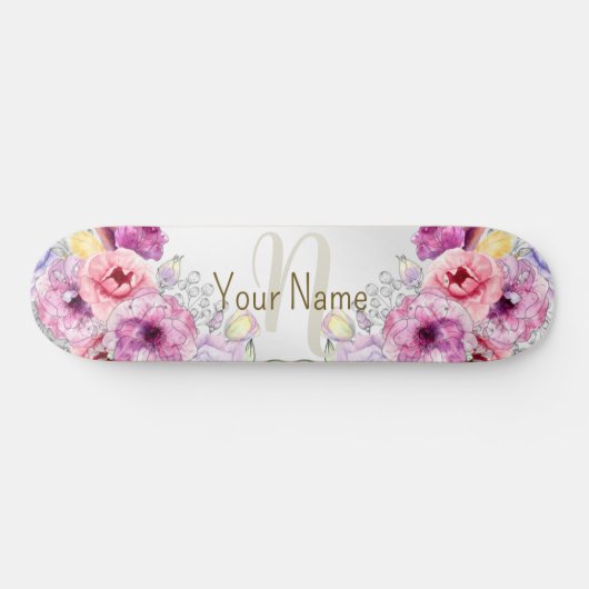 Monogram Naam Kleurrijke Roze Bloemen Zilver Elega Persoonlijk Skateboard (Horizontaal)