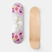 Monogram Naam Kleurrijke Roze Bloemen Zilver Elega Persoonlijk Skateboard (Voorkant)
