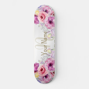 Monogram Naam Kleurrijke Roze Bloemen Zilver Elega Persoonlijk Skateboard