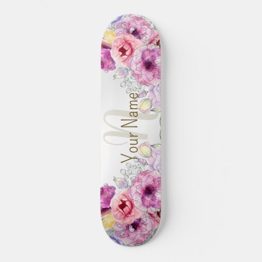 Monogram Naam Kleurrijke Roze Bloemen Zilver Elega Persoonlijk Skateboard (Voorkant)