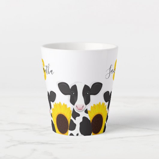 Monogram Naam Koe Floral Sunflower Latte Mok (Voorkant)