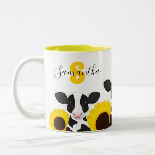 Monogram Naam Koe Floral Sunflower Tweekleurige Koffiemok