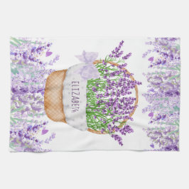 Monogram Naam Lavendel Bloemen Mand Groen Paars Theedoek