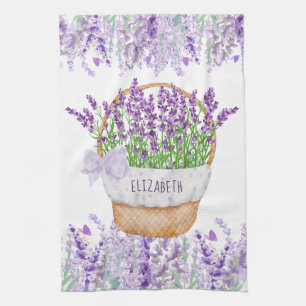 Monogram Naam Lavender Flowers Basket Green Paars Theedoek