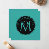 Monogram Naam Logo Blauwgroen Vlakke Nota Kaart Notitiekaartje (Voorkant / Achterkant in situ)