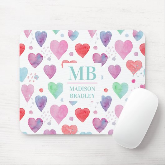 Monogram naam Love Heart Waterverf Girly Pattern Muismat (Met muis)
