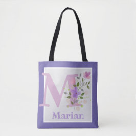 Monogram & naam Marian met bloemen Tote Bag