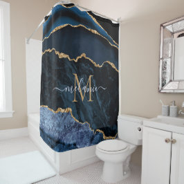 Monogram Naam Marine Blauw Goud Marmeren Douchegor Douchegordijn