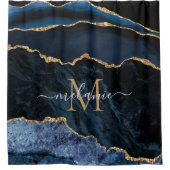 Monogram Naam Marine Blauw Goud Marmeren Douchegor Douchegordijn (Voorkant)