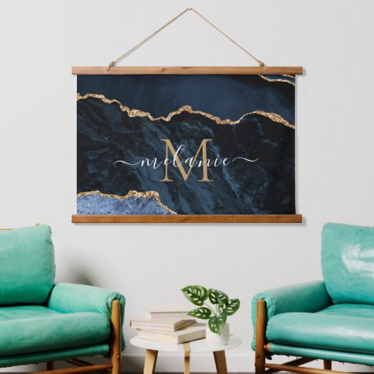 Monogram Naam Marine Blauw Goud Marmeren Tapijt Hangend Wandkleed (Woonkamer)