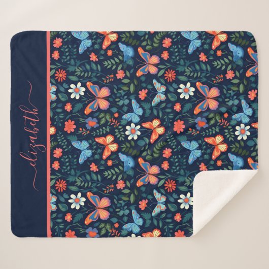 Monogram Naam Marine Blauw Roze Perzik Vlinder Sherpa Deken (Voorkant (horizontaal))