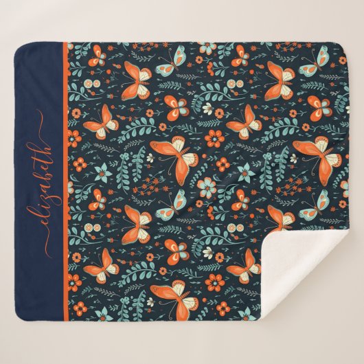 Monogram Naam Marine Blauw Sinaasappel Vlinder Blo Sherpa Deken (Voorkant (horizontaal))
