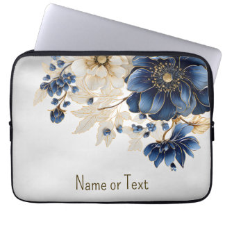 Monogram Naam Marine Blauw Wit Gouden Bloem Laptop Sleeve