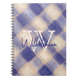 Monogram naam marineblauwe crème gingham tartan pl notitieboek