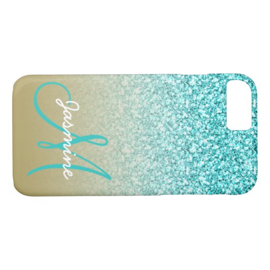 Monogram naam Meisje Blauwgroen Glitter Gold Ombre Case-Mate iPhone Case (Achterkant (Horizontaal))