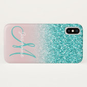 Monogram naam Meisje Blauwgroen Glitter Pink Ombre Case-Mate iPhone Case (Achterkant (horizontaal))