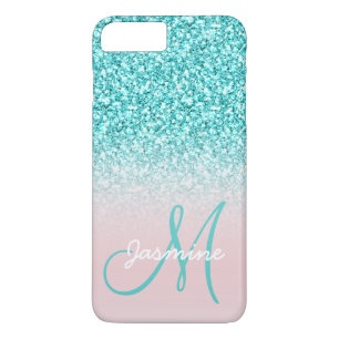 Monogram naam Meisje Blauwgroen Glitter Pink Ombre iPhone 8/7 Plus Hoesje