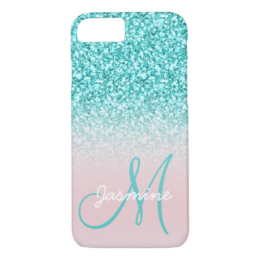 Monogram naam Meisje Blauwgroen Glitter Pink Ombre Case-Mate iPhone Case (Achterkant)