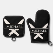 Monogram naam messen chef kok grillen ovenwant & pannenlap set (Voorkant)