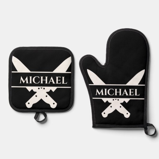 Monogram naam messen chef kok grillen ovenwant & pannenlap set (Voorkant)