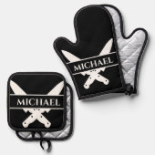 Monogram naam messen chef kok grillen ovenwant & pannenlap set (Voorkant / Achterkant)